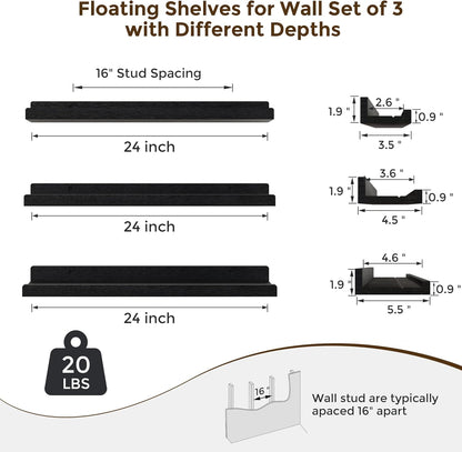 24 inch Set 3, RICHFOCUS Floating Shelves for Wall, Solid Wood Picture Ledge Shelf for Wall Storage, Nursery Book
