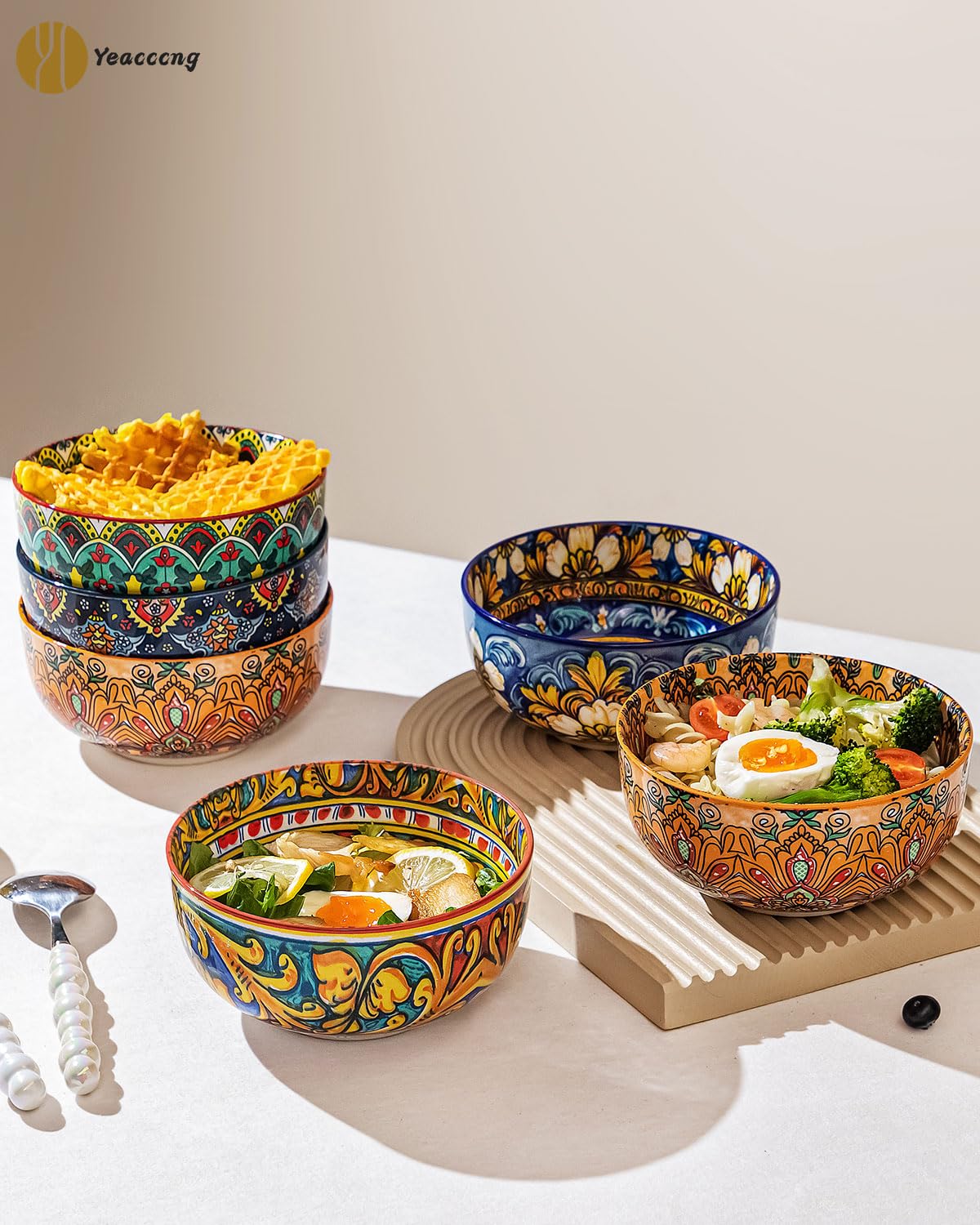 Yeacccng Bohemian Cereal Bowls Set of 6, 5.9 Inch 27 Oz Ceramic Soup Bowls, Microwave Dishwasher Safe, Lead-Free Scratch-Resistant for Oatmeal Pasta Salad, Colorful Boho Bowls