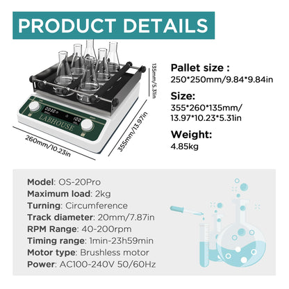 LABHOUSE Lab Digital Orbital Shaker Mixer | 9.85"x9.85" Plate Size Adjustable Speed 40-200RPM Capacity 2KGS | Timed and Continuous Modes Rotator Shaker for Laboratory