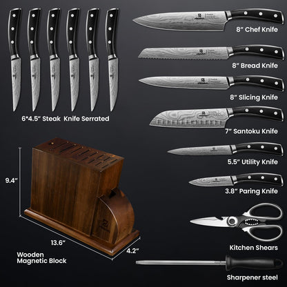 15 PC Magnetic Knife Sets for Kitchen with Block, Kitchen Knife Set Made of German High Carbon Stainless Steel Damascus Pattern as Gift for Couple, Wedding, Women or Mom with Gift Box