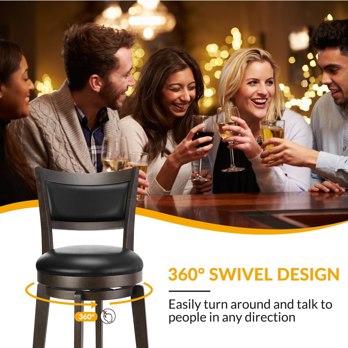 PrimeZone Swivel Bar Stools Set of 4, 24 Inch Counter Height Barstools, Black Faux Leather Bar Stool with High Backrest & Solid Wood Leg & Wrap-Around Footrest, Counter Stools for Kitchen Island, Pub