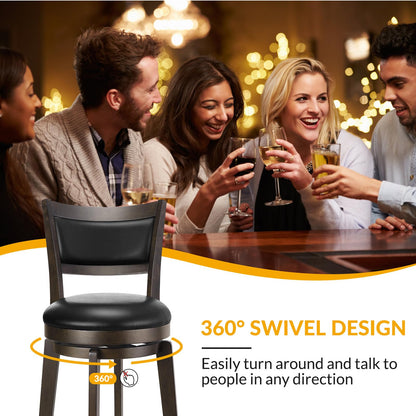 PrimeZone Swivel Bar Stools Set of 4, 24 Inch Counter Height Barstools, Black Faux Leather Bar Stool with High Backrest & Solid Wood Leg & Wrap-Around Footrest, Counter Stools for Kitchen Island, Pub