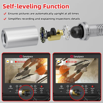 Sanyipace Sewer Camera Self-Leveling 165FT/50M, 512Hz Sonde, Distance Counter, 5-Level Adjustable Brightness, 4500mAh Battery, IP68 Waterproof Pipe Camera for Drain Snake, Plumbing, Duct, Plumber