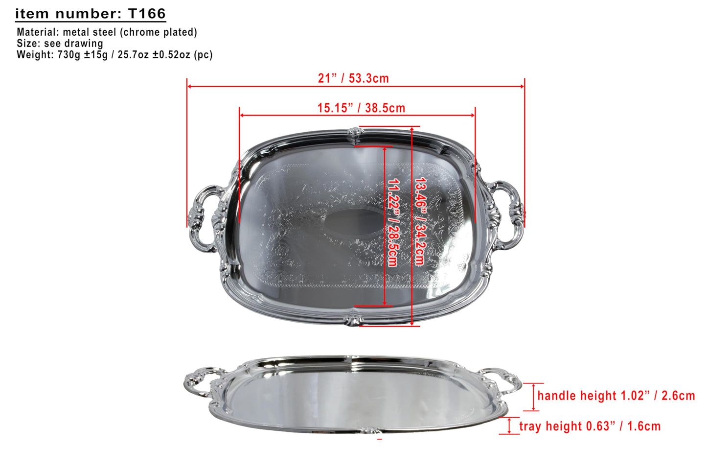 Maro Megastore (Pack of 4) 21-Inch x 13.5-Inch Elegant Victoria Floral Engraved with Handle Serving Tray Silver Metal Plate Platter Food Decorative Buffet Wedding Party T166-4PK