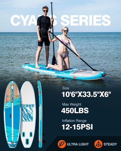 Mountocean 10'6" Inflatable Stand Up Paddle Board - 450lbs Max Capacity Ultra-Stable SUP for Adults & Youth - Non-Slip EVA Deck, All-Around ISUP with Complete Accessories