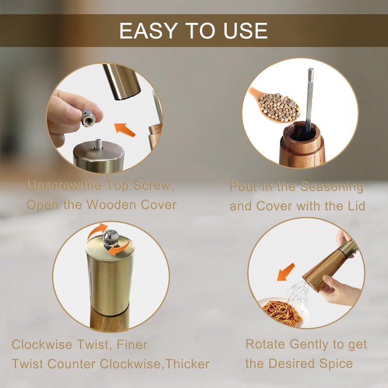 Salt and Pepper Grinder Set Gold Manual Pepper Grinder with Wooden Base, Adjustable Coarseness Refillable Ceramic Blade Grinding Enjoy Fresh Ground Pepper Salts with Spices, 2pcs-7in(7IN-Golden Wood)
