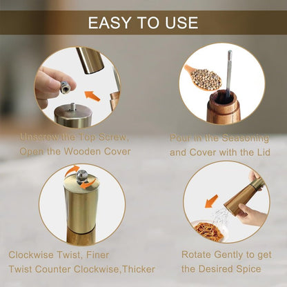 Salt and Pepper Grinder Set Gold Manual Pepper Grinder with Wooden Base, Adjustable Coarseness Refillable Ceramic Blade Grinding Enjoy Fresh Ground Pepper Salts with Spices, 2pcs-7in(7IN-Golden Wood)