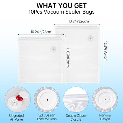 Vacuum Sealer Bags Compatible with Chef Preserve,10PCS Reusable Food Grade And Leak-Proof Storage Bags,Clear,5pcs (10.24 * 11.02 in),5pcs(10.24 * 13.39 in)