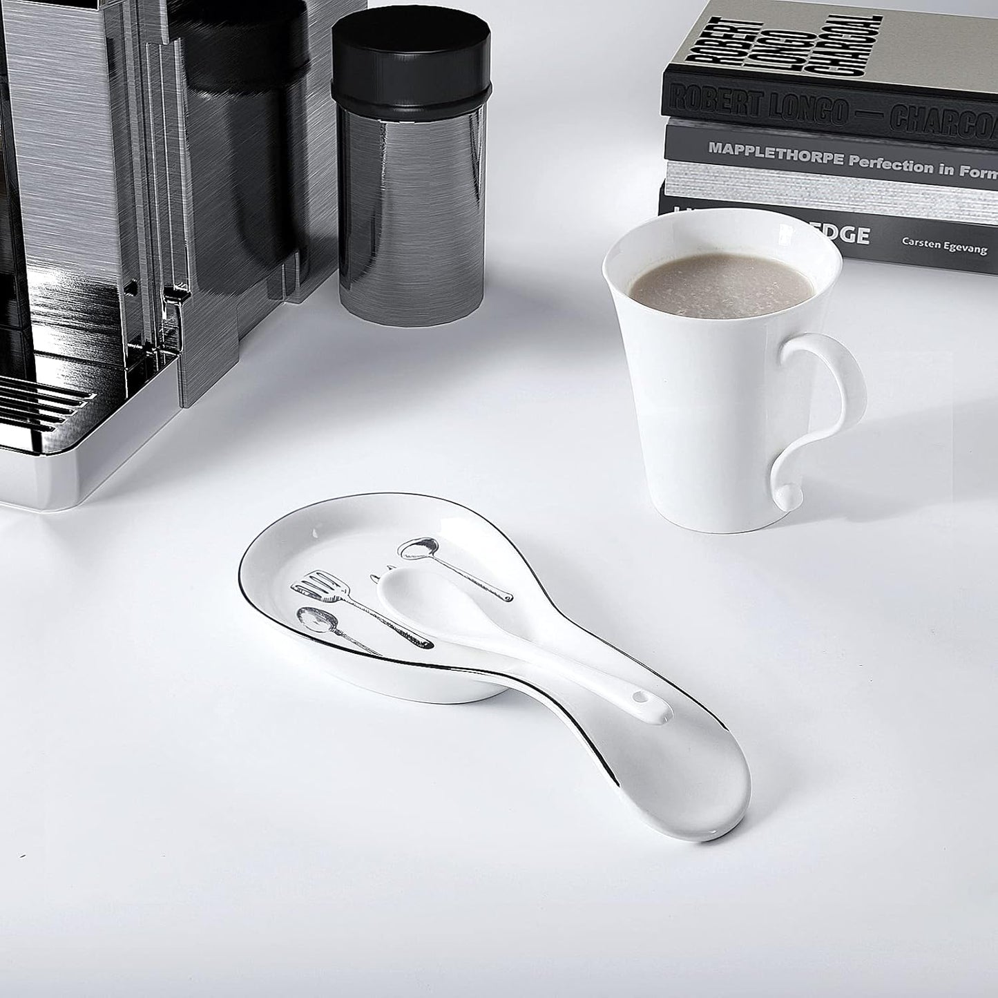 Large Porcelain Spoon Rest, Utensil Holder for Kitchen Counter, Stove Top, Dishwasher Safe, White Color