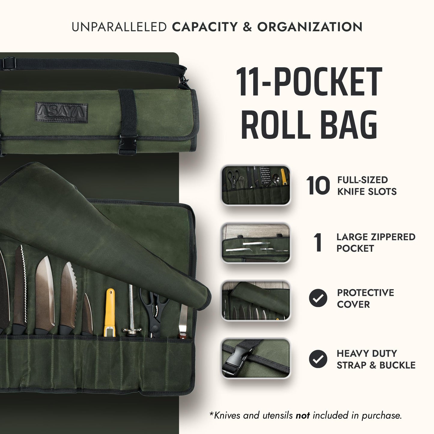 Asaya Waxed Canvas Chef Knife Roll Bag with 10 Slots and a Zipper Pocket - Professional Chef Knife Bag & Storage Case, with Shoulder Strap - Knives Not Included (Forest Green)