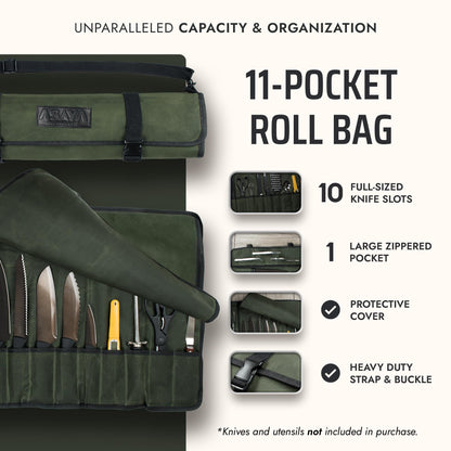 Asaya Waxed Canvas Chef Knife Roll Bag with 10 Slots and a Zipper Pocket - Professional Chef Knife Bag & Storage Case, with Shoulder Strap - Knives Not Included (Forest Green)