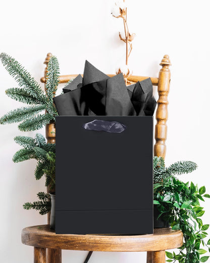 qiqee 24pcs Black Gift Bags with Tissue Paper for Wedding, Birthday, Party Supplies-7.9"x4.3"x9.6" Medium Size Cardboard Gift Bags（24pcs Bags + Tissue Paper ）