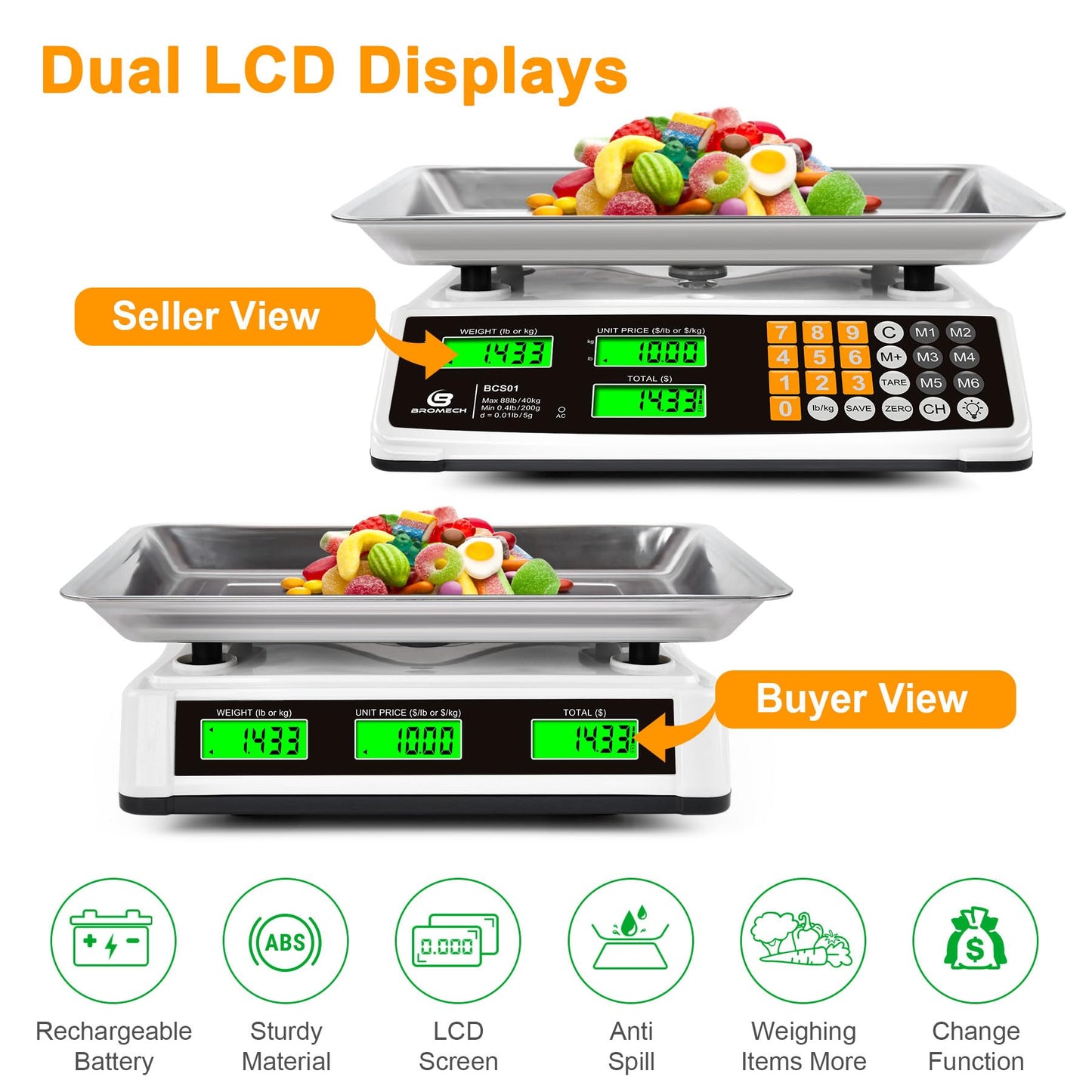 Price Computing Scale 88lb/40kg Commercial Food Scale for Produce Meat with Stainless Steel Large Platform, LCD Display, and Green Bright Backlight for Farmers Markets, Deli, （Not for Trade）