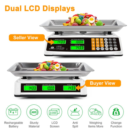 Price Computing Scale 88lb/40kg Commercial Food Scale for Produce Meat with Stainless Steel Large Platform, LCD Display, and Green Bright Backlight for Farmers Markets, Deli, （Not for Trade）