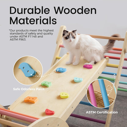 Tiny Land Pikler Triangle Set, 7-in-1 Foldable Pikler Triangle Climbing Toys Set for Kids,Baby Indoor Playground Jungle Gym, Wooden Montessori Climbing Set for Toddler (Rainbow)