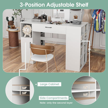 Giantex Craft Table with Storage, 53'' Artwork Sewing Table with 14 Cube Storage Shelves, Large Drawer, Cabinet with 2 Shelves, 36'' Counter Height Sewing Workstation White Drafting Writing Desk