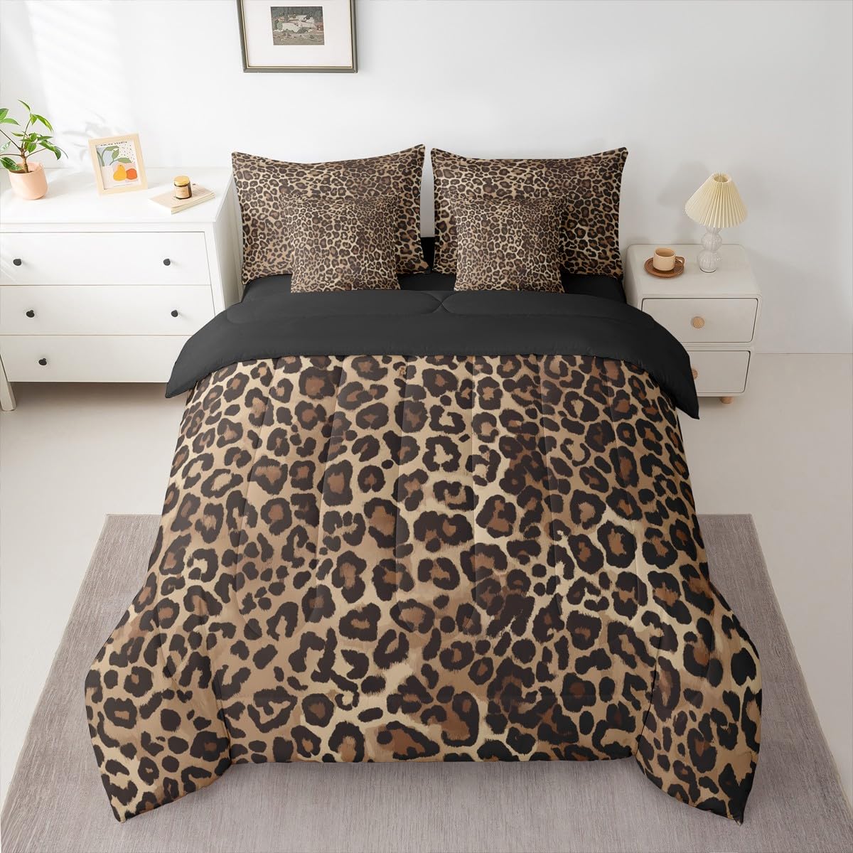 Erosebridal Leopard Print 7 Piece Bedding Set Queen Cheetah Decor Comforter Set with Sheets Geometric Modern Bed in A Bag African Safari Animal Bed Sets with 2 Pillowcases, 2 Throw Pillow Covers
