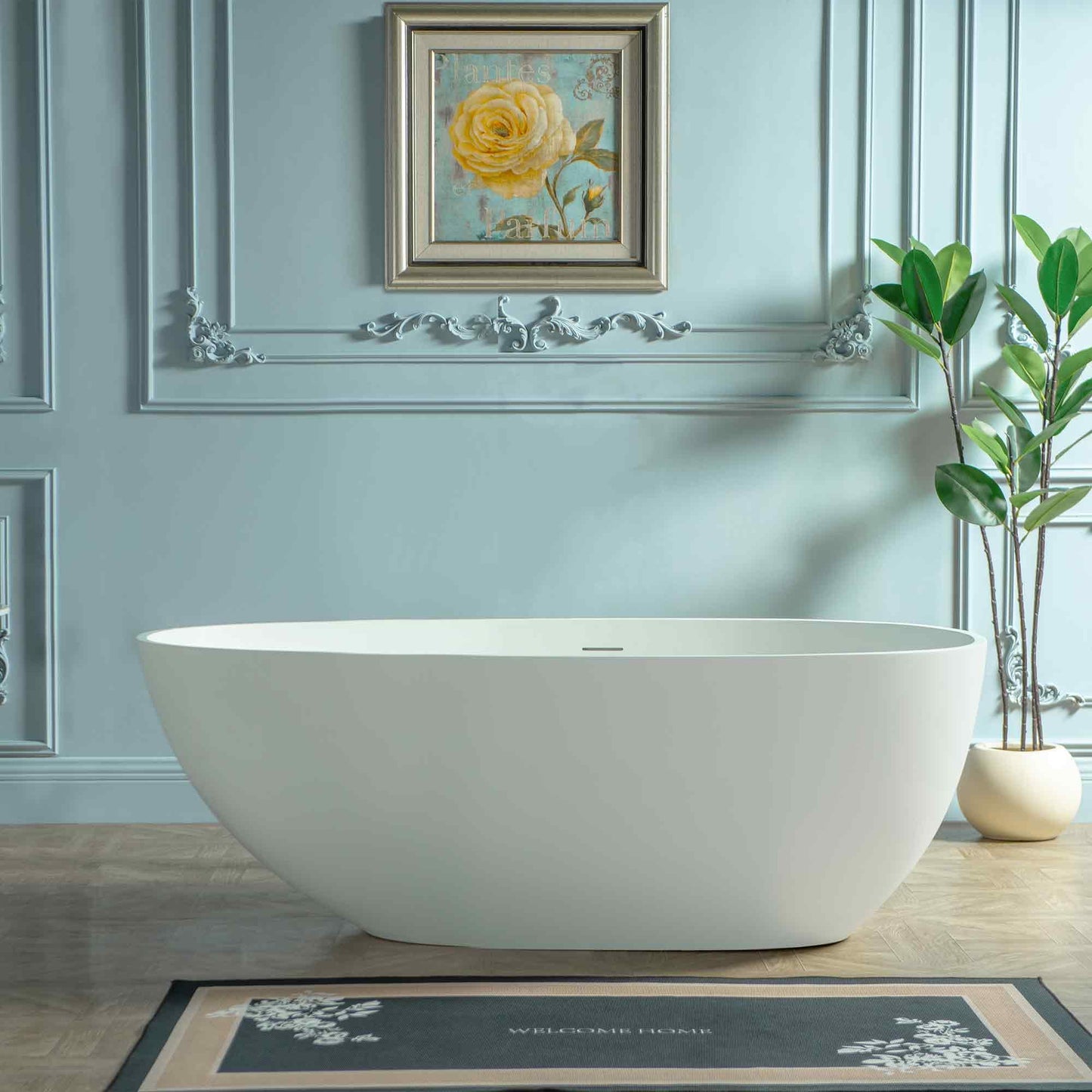 WOODBRIDGE 59" Egg-Shaped Solid Surface Freestanding Soaking Tub, Modern Oval Stone Resin Bathtub with Integrated Slotted Overflow & Drain, Matte White, EST0701