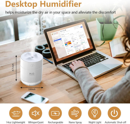 Portable Mini Humidifier for Plants, 500ml Cool Mist USB Rechargeable Humidifier with Night Light and Auto Shut-Off