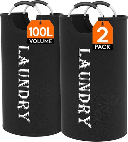 Lifewit Large 100L Laundry Basket - Collapsible Hamper with Aluminum Handles | Waterproof Black 2-Pack