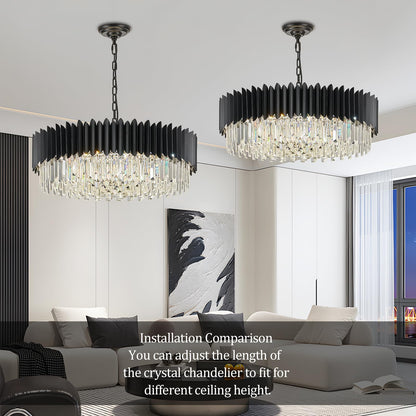 YOLIZUOT Black Crystal Chandelier 30'' K9 Crystal Round Pendant Lights Adjustable 6-Tier Large Modern Crystal Chandelier Light 12-Lights for Dining Room Living Room Kitchen Foyer Entryway