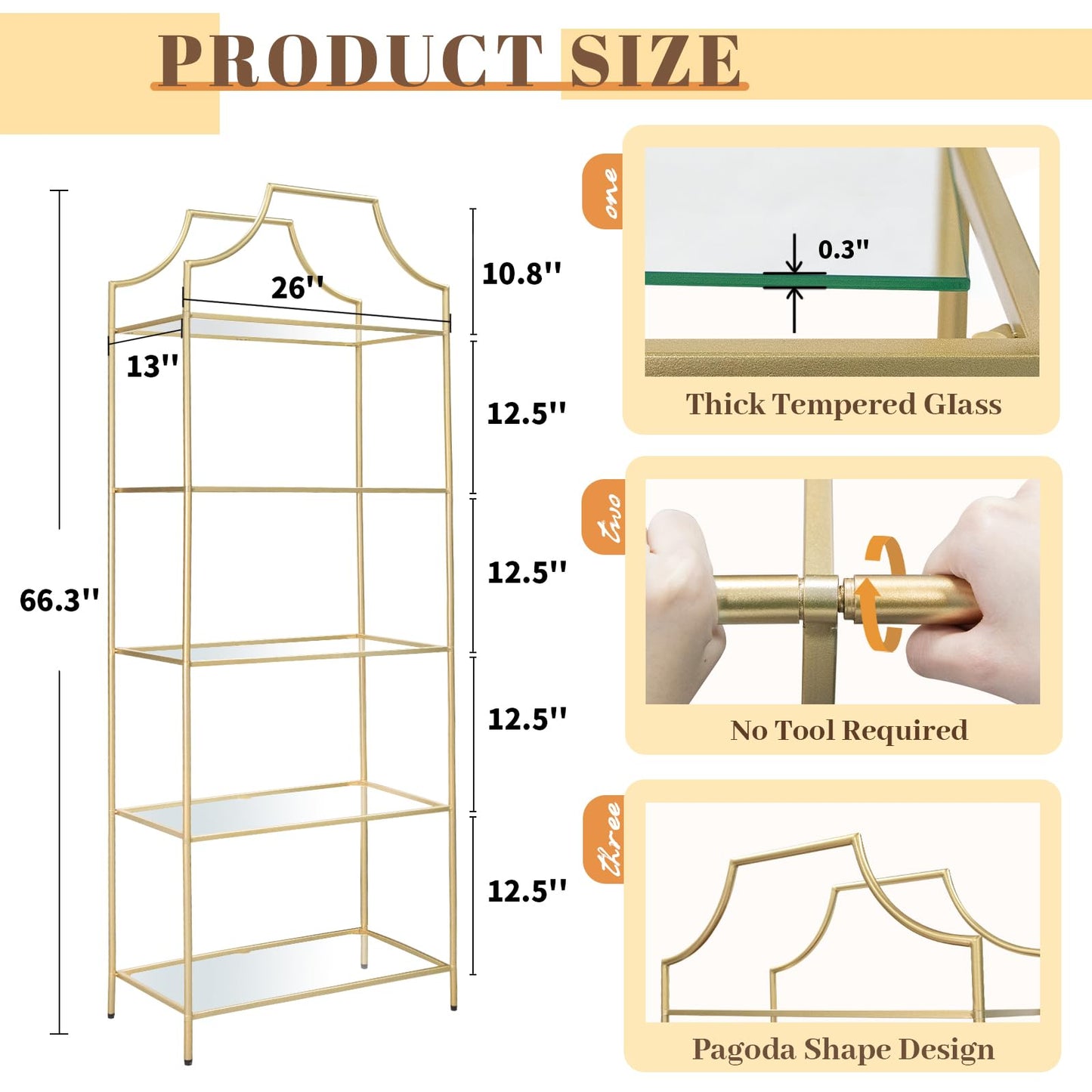 GIFTTROVE 5 Tier Bookshelf, Metal Book Shelf for Storage, Tall Storage Display Bookcase, Modern Open Book Case for Bedroom, Living Room, Glass Office Organization Shelf, 66.3" X 26" X 13"