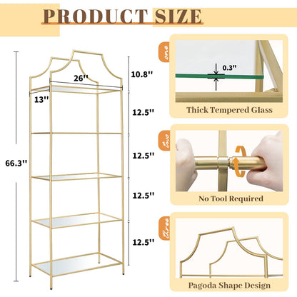 GIFTTROVE 5 Tier Bookshelf, Metal Book Shelf for Storage, Tall Storage Display Bookcase, Modern Open Book Case for Bedroom, Living Room, Glass Office Organization Shelf, 66.3" X 26" X 13"