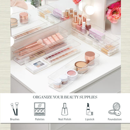 STORi SimpleSort 6-Piece Stackable Clear Drawer Organizer Set | 12" x 3" x 2" Rectangle Trays | Narrow Makeup Vanity Storage Bins and Office Desk Drawer Dividers | Made in USA