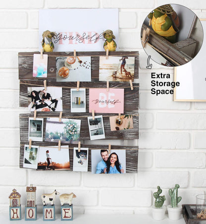 J JACKCUBE DESIGN Wall Mount Rustic Wood Clip Photo Holder, Photo Collage Frame for Multi Photo Display Wall Décor with 24 Clips 17.5 X 17.3inch - MK558A