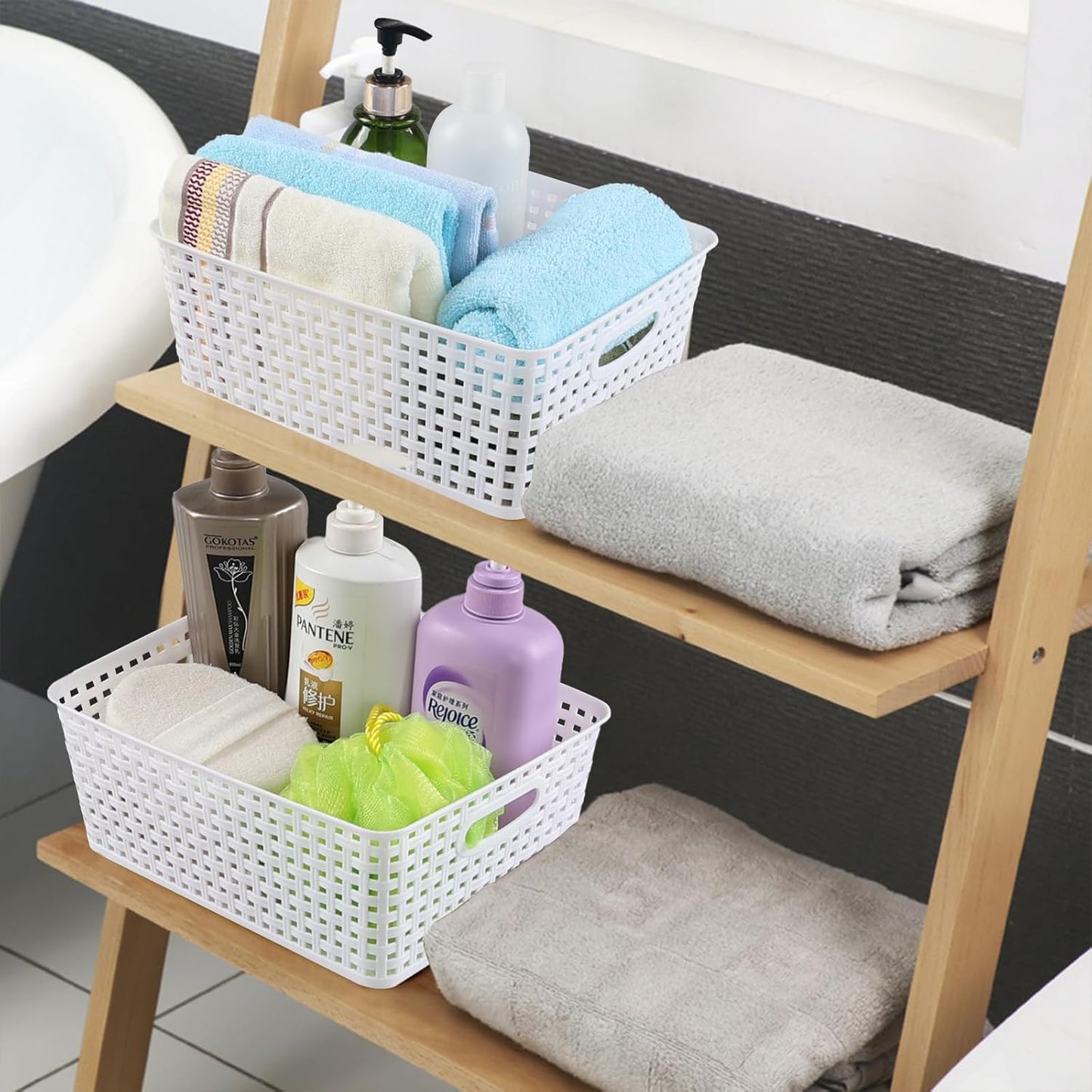 Obstnny Plastic Storage Baskets for Organizing - Set of 4 White Plastic Basket Bins