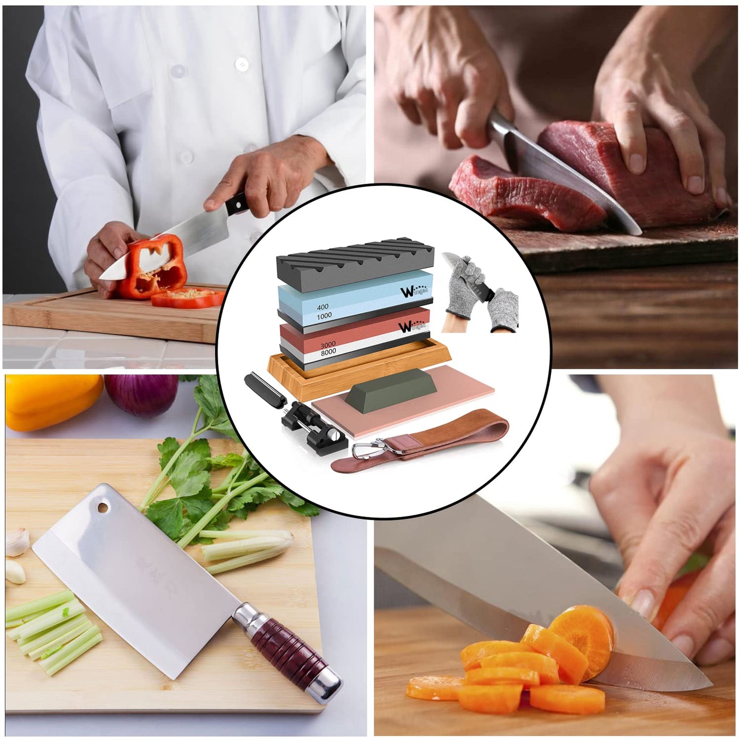 Knife Sharpening Stone Kit – 400/1000 3000/8000 Grit Wet Kitchen Whetstone Knife Sharpener Set with Non-slip Bamboo Rubber Base, Angle Guide, Flattening, Leather Strop and Cut Resistant Gloves