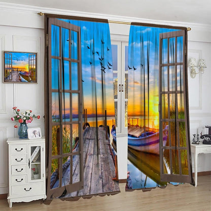 Lakeside Landscape Curtains, Rustic 3D Scenery Prints Window Treatments Drapes for Bedroom Living Room 42x45in