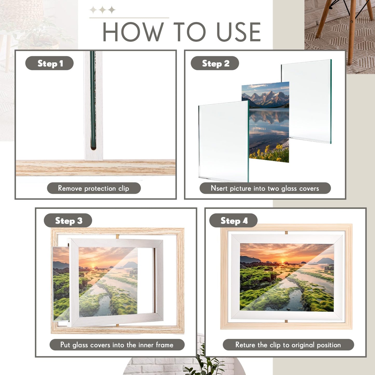 AceOrbit 4 Pack 4" x 6" Rotating Floating Picture Frames Double Sided Display with Hd Front Wooden Distressed Frame Swivel Picture Rustic Desk Standing Frame for Vertical Horizontal Tabletop Display