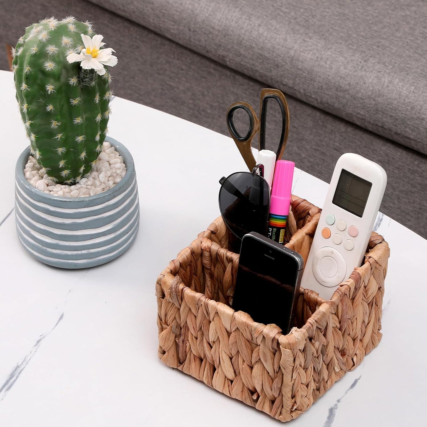 Wicker Remote Control Holder, Hand Woven Desk Organizer with 3 Compartments for Desktop Storage