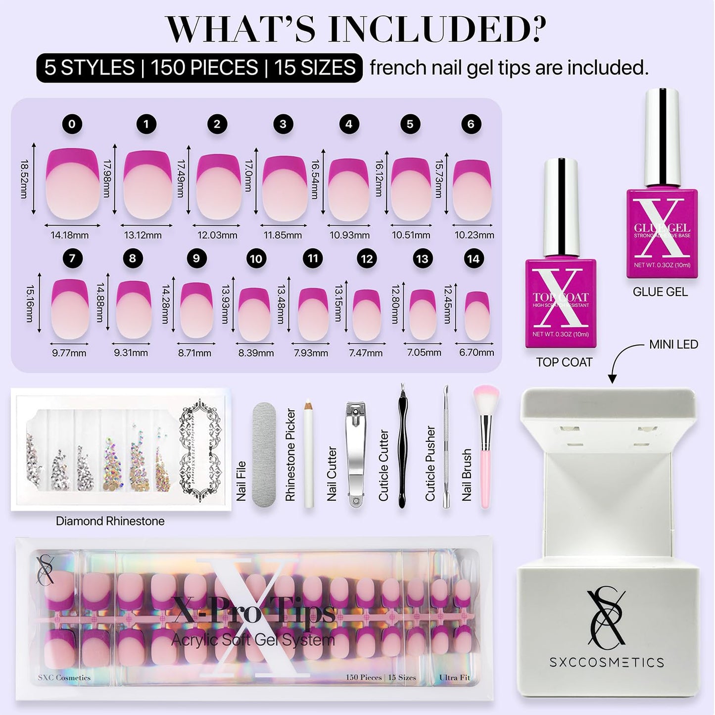 SXC Cosmetics French Tip Press On Nails - Skin Tone Nude and Color Series, Short Coffin X-Pro Tips Starter Kit ST119KIT