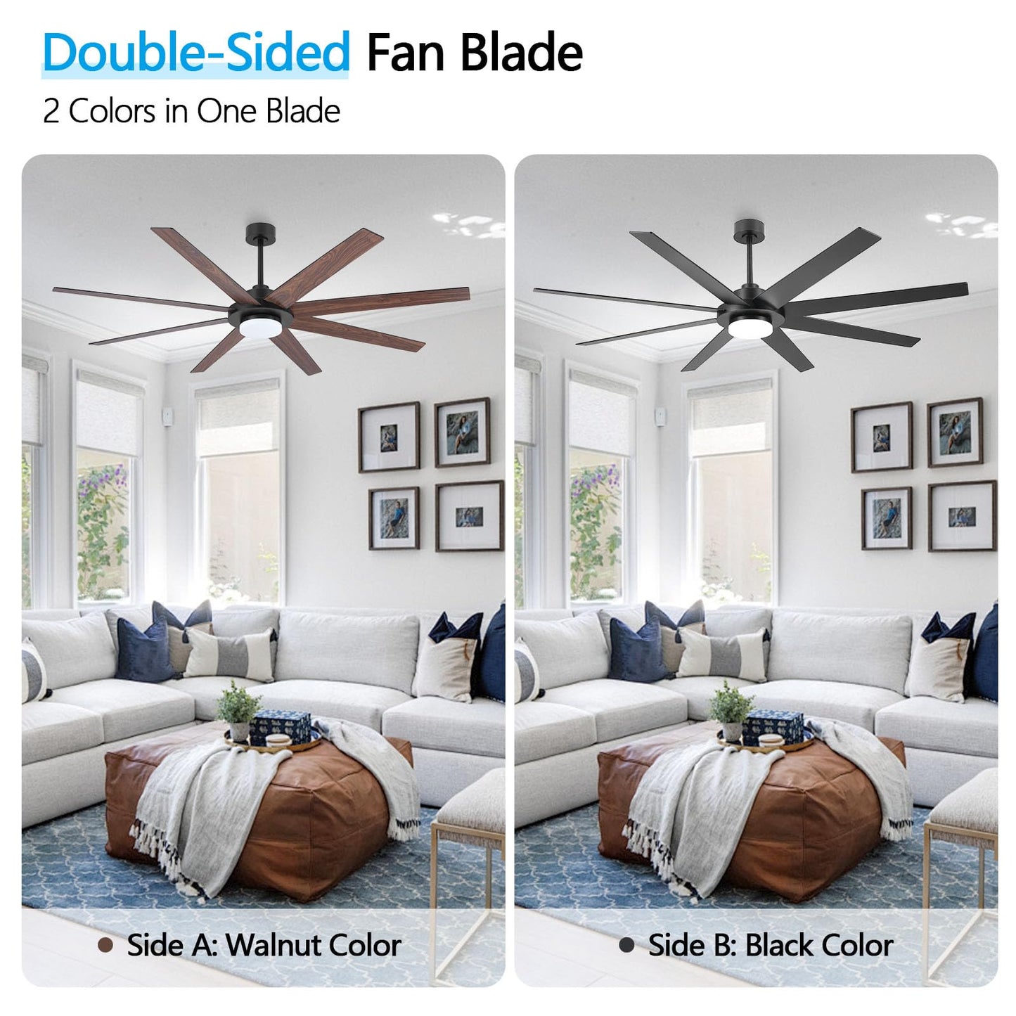 WINGBO 72" Ceiling Fan with Light and Remote Control, 6 Speed Reversible DC Motor, Dimmable LED Light, for Home and Commercial Use, Living Room/Shop/Warehouse Black/Walnut