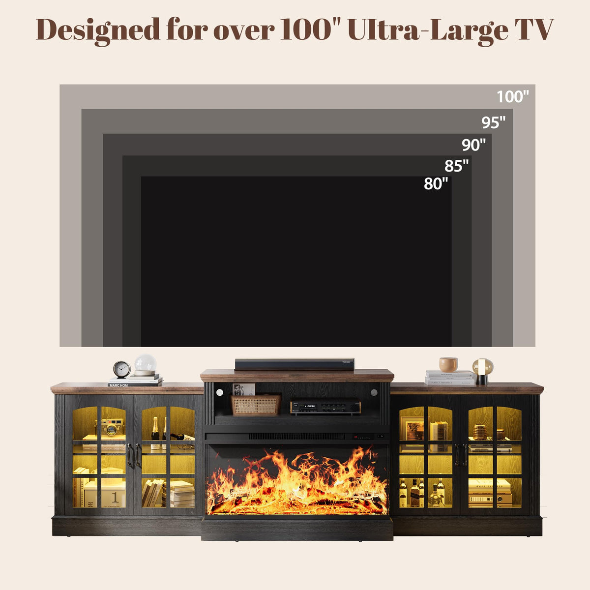 97" Farmhouse Fireplace TV Stand for TVs Up to 100", Entertainment Center with 36" 3-Sided Glass Electric Fireplace, 12 Flame Colors & LED Light Modes, Media Console for Living Room, Black