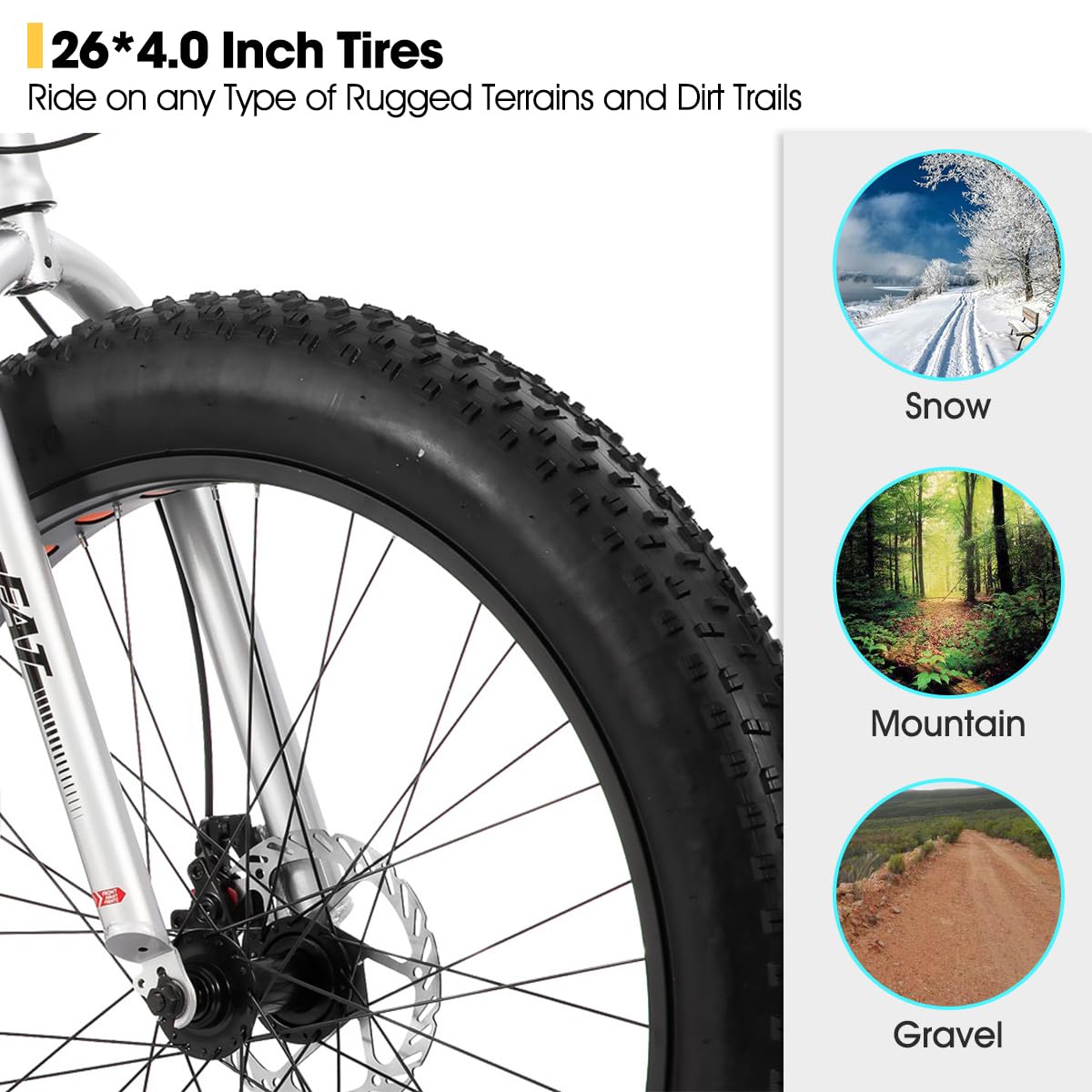 HH HILAND 26 Inch Kids' Bicycles Fat Tire Mountain Bike for Boys and Girls, 7-Speed, Dual-Disc Brake, Kids Beach and Snow Bicycle Sliver