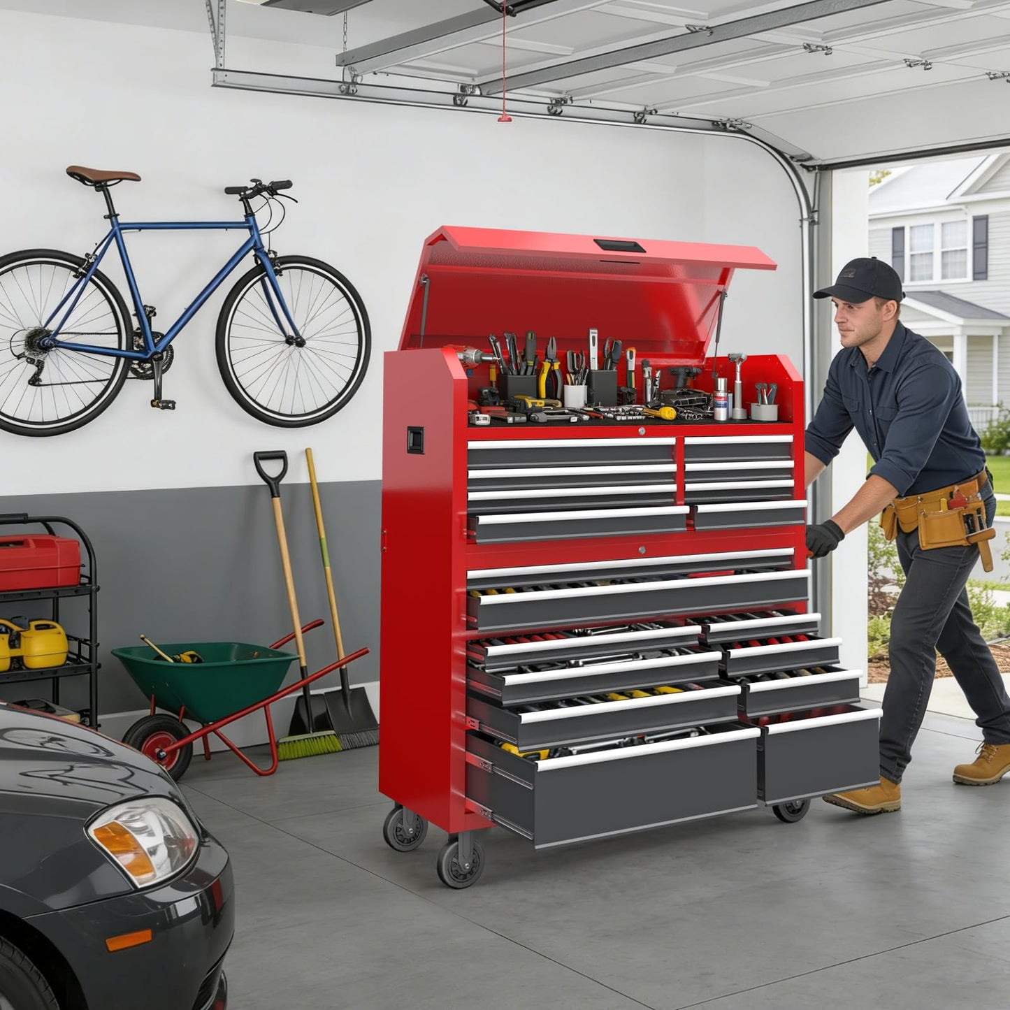 Tool Chest 18-Drawer | 66'' Large Rolling Tool Chest with Wheels | Detachable Top Metal Tool Box with Gas Struts | Lockable Rolling Tool Cabinet with Liners,Power Strip | Garage, Repair Shop, Workshop