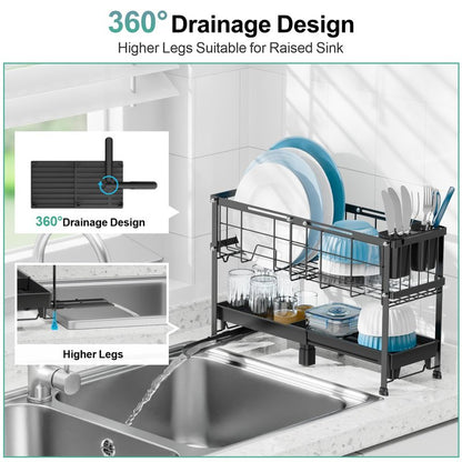 GSlife Narrow Dish Drying Rack, 2 Tier Small Dish Drainer for Kitchen Counter, Expandable Compact Dish Rack with Utensil Holder for RV/1-2 People, 15.7''-20.7''L x 7" D x 12.6" H, Black