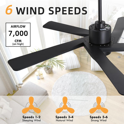 WINGBO 64" ABS DC Ceiling Fan with Lights, 5 Blade ABS Plastic Ceiling Fan with Remote, 6-Speed Reversible DC Motor, LED Ceiling Fans for Kitchen Bedroom Living Room, Matte Black