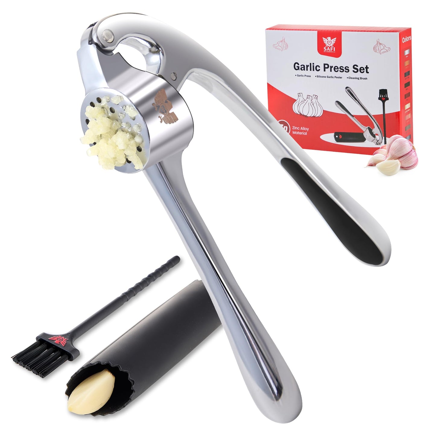 SAFI Garlic Press Set - Premium Zinc Alloy Garlic Mincer Efficient Garlic Crusher & Presser Heavy-Duty Rust-Proof Garlic Masher Kitchen Tool With Garlic Peeler & Brush Home & Kitchen Essential Gadgets