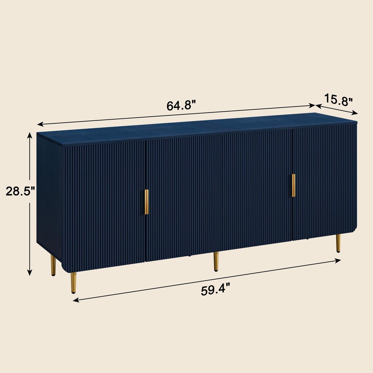 Tantmis 65" Fluted Sideboard Buffet Cabinet with Storage, Console Cabinet with 4 Doors & Adjustable Shelves, Modern Buffet Table for Kitchen Dining Living Room Hallway‌ Entryway, Blue