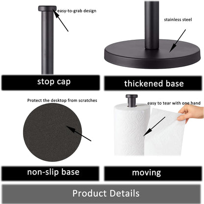 Stainless Steel Paper Towel Holder, Black Countertop Stand for Kitchen Bathroom with Weighted Base for Standard Rolls