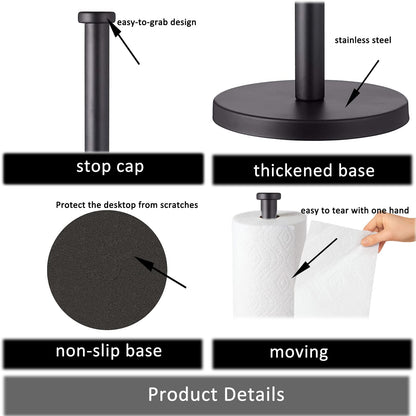 GWGTHZ Black Standing Paper Towel Holder for Kitchen& Bathroom Countertop,Under Counter, Table Or BBQ, Standard or Jumbo-Sized Roll Paper (with Stainless Steel Base)