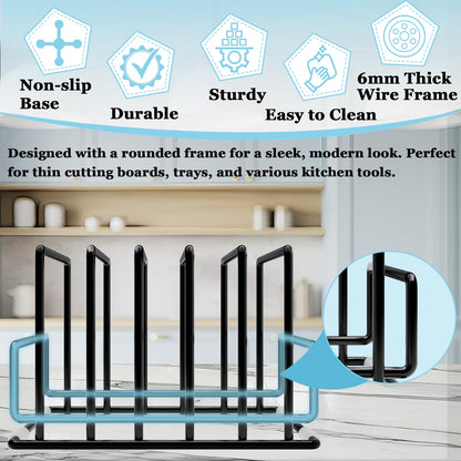 Cutting Board Organizer Rack with 7 Compartments, Heavy-Duty Iron Pan and Baking Sheet Organizer, Kitchen Cabinet Storage Rack with Non-Slip Base, Space-Saving Pot Lid Holder for Countertop & Pantry
