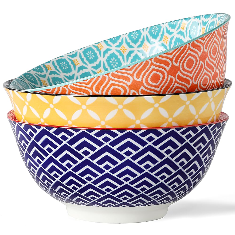Metahom Large Salad Bowls, 48 Oz Serving Bowls for Soup, Pho, Pasta Rarmen, Stackable Ceramic Bowls for Kitchen, Set of 3, Microwave & Dishwasher Safe