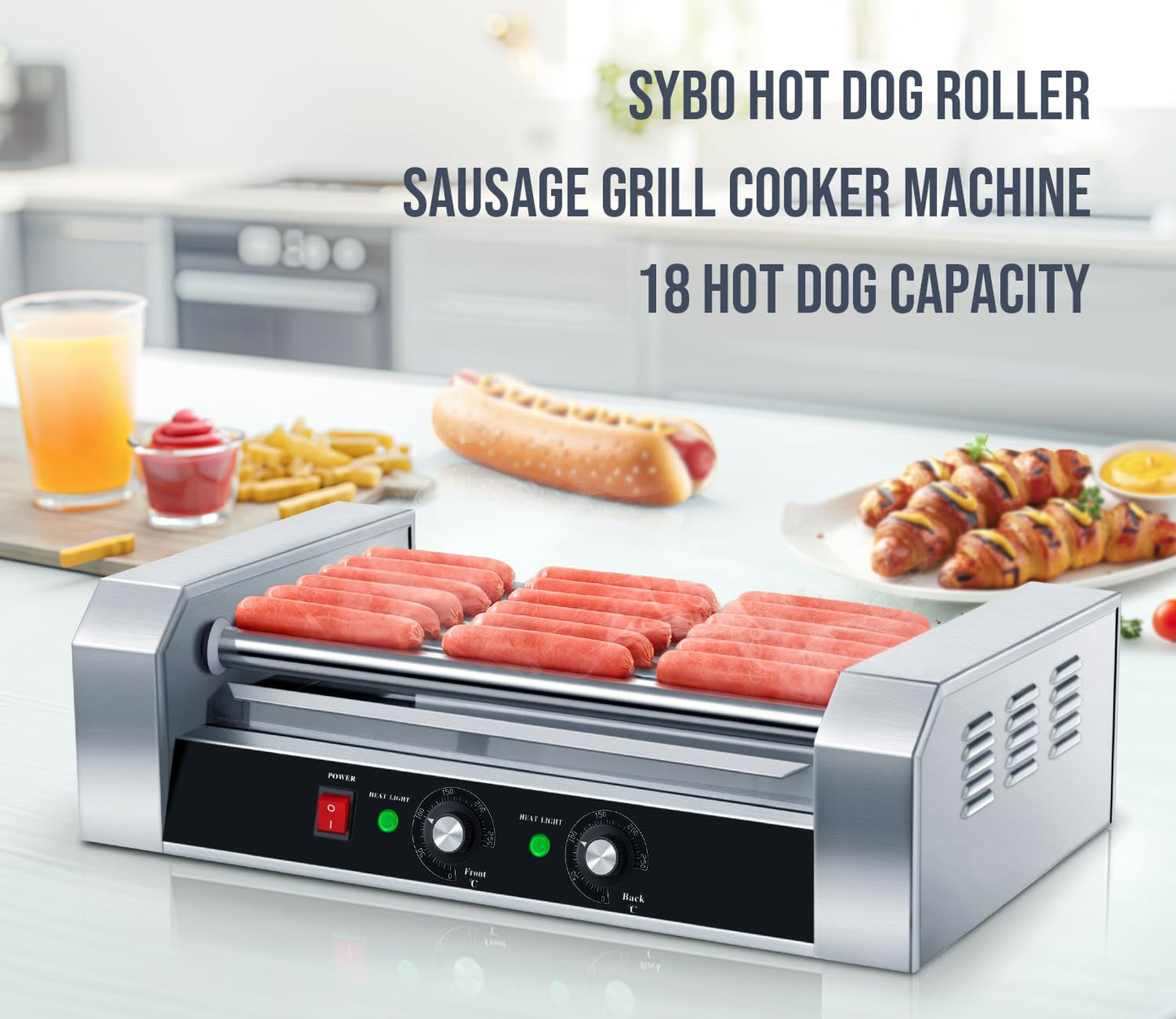 SYBO Hot Dog Roller, 18 Hot Dog 7 Roller Grill Cooker Machine with Removable Stainless Steel Drip Tray, 1000-Watts, Commercial Grade