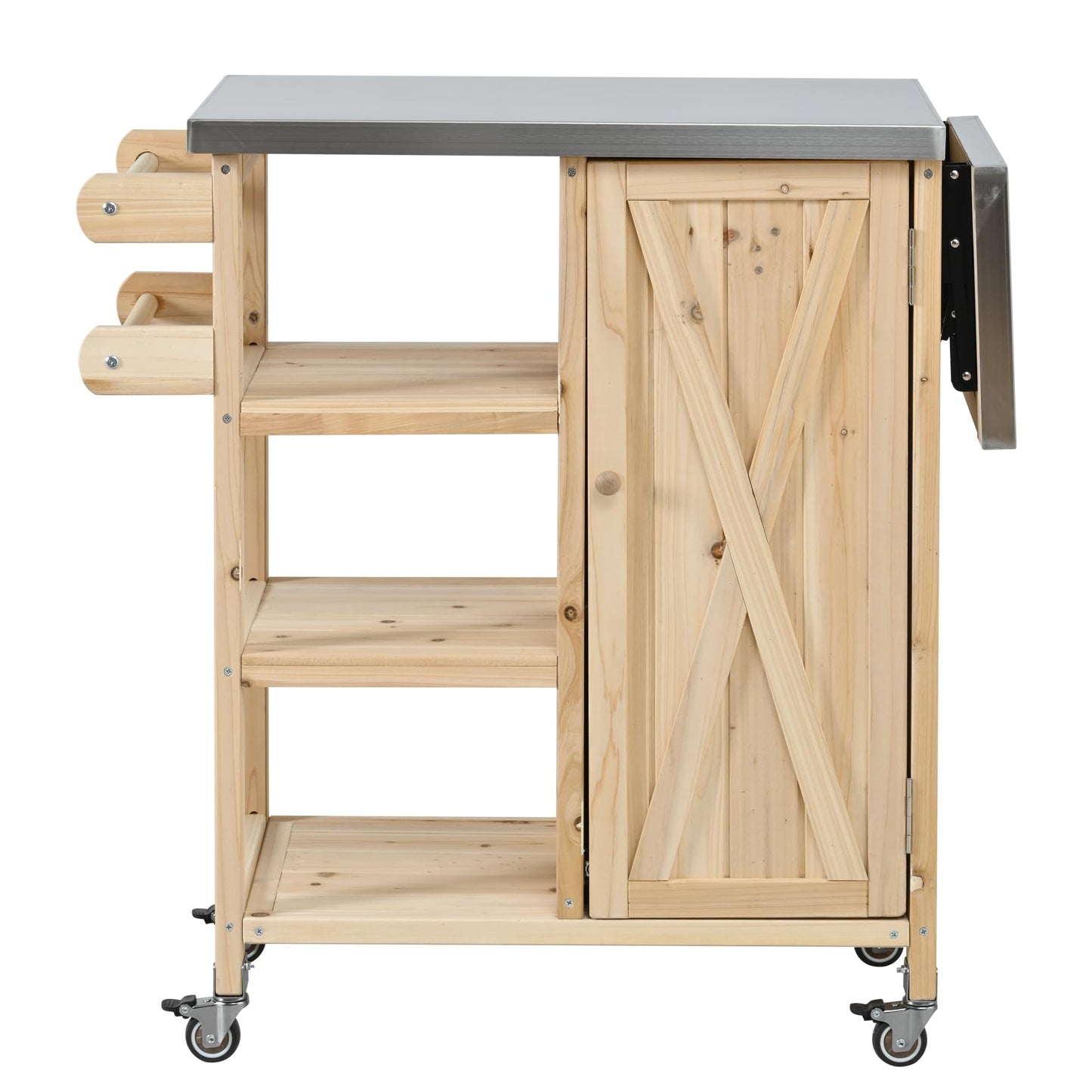 Foldable Outdoor Kitchen Island Cart with Stainless Steel Top, Rolling Grill Table with Storage Cabinet Shelves and Double Towel Rack, Wooden BBQ Prep Station with Lockable Wheels for Patio, Natural