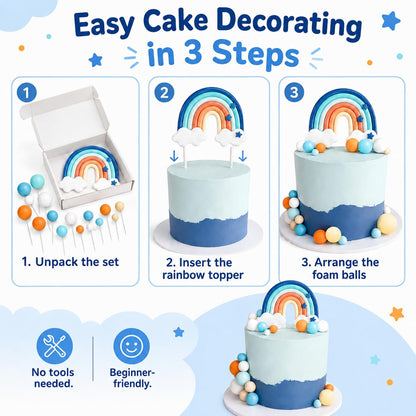 Blue Rainbow Cake Toppers, Qoadwem 14pcs Blue Rainbow Cake Toppers With Orange White Balls For Dog Birthday Cake Decorations Baby Shower Party Supplies